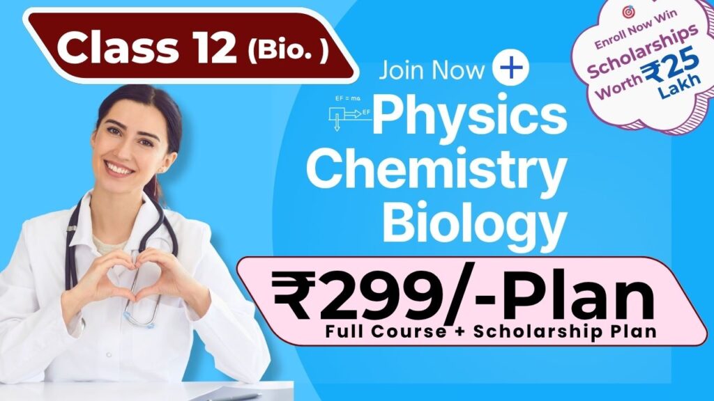Class 12 PCB ₹299 Thumbnail with Physics, Chemistry, Biology Icons and Scholarship Badge for NEET & Board Students